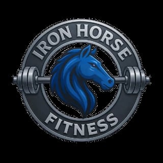 Iron Horse Fitness logo featuring a blue horse head in the center of a barbell weight plate with gray metallic rim